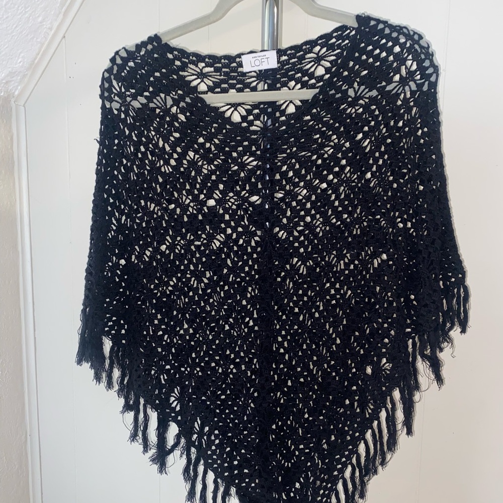 Ann Taylor LOFT Black Fringe Poncho
